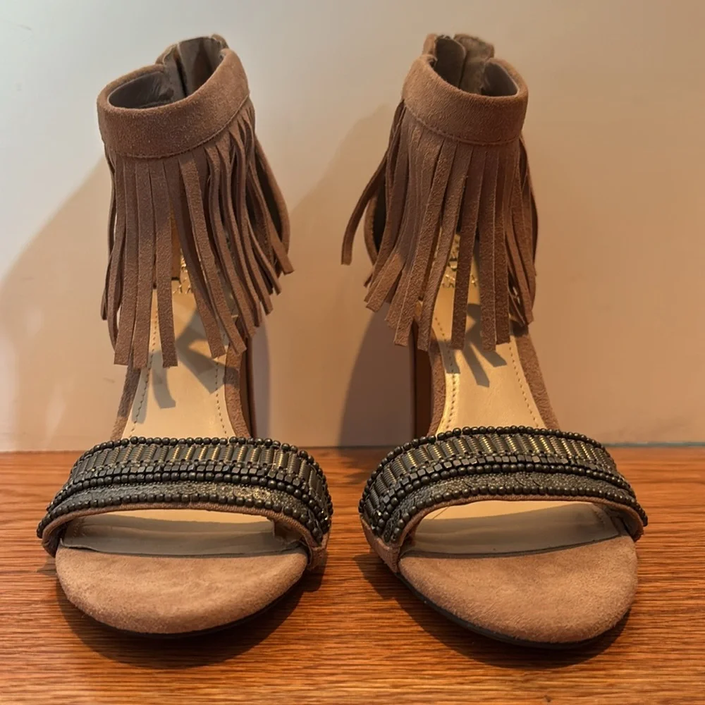 Vince Camuto Taupe Suede Fringe Beaded Open-Toe Heels